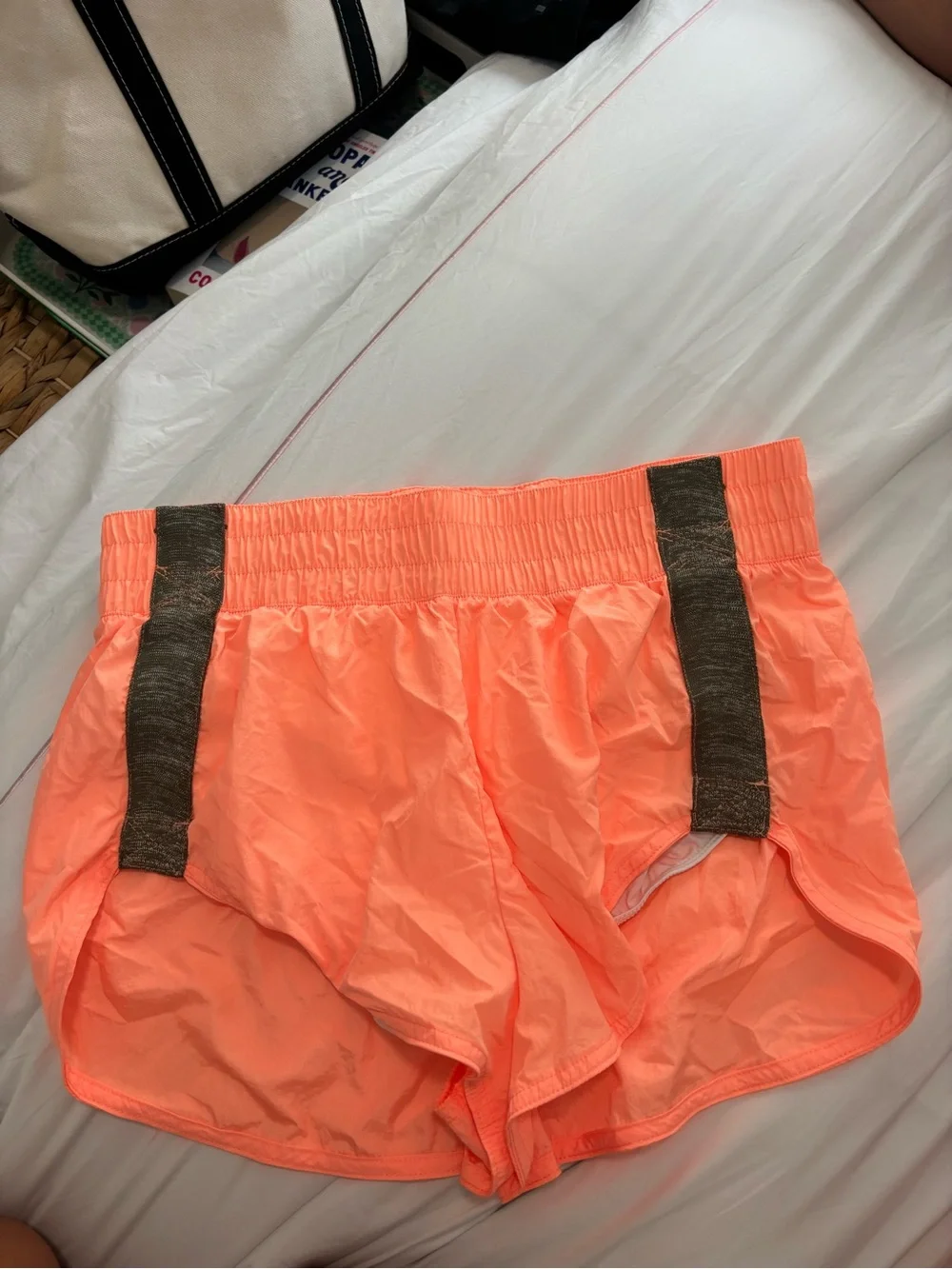Free People Neon Orange Athletic Shorts with Dark Gray Straps